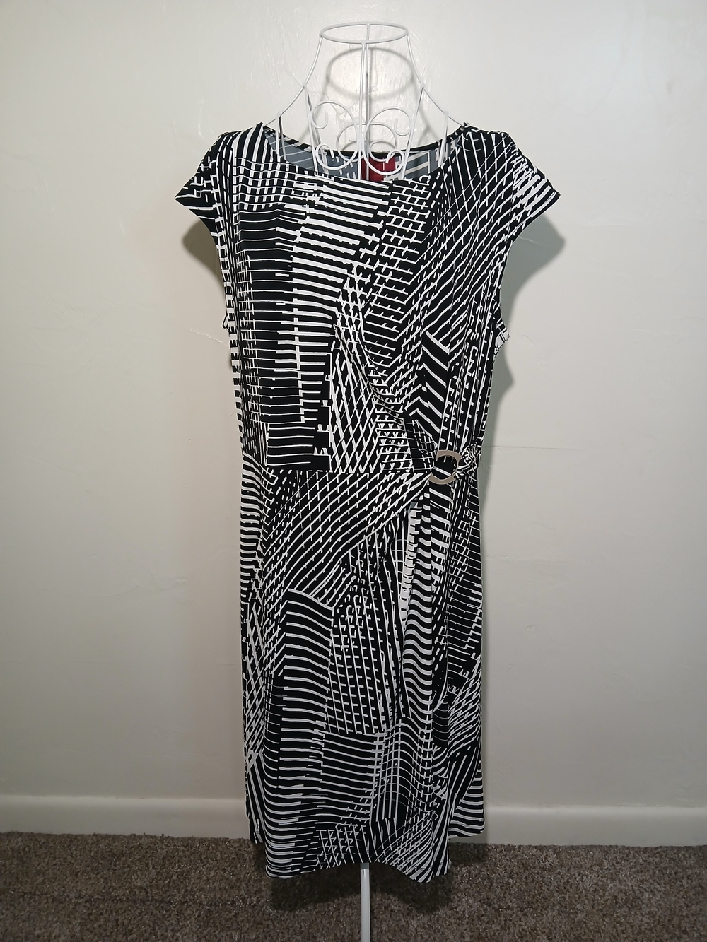 212 Collection Black & White Geometric Cap-Sleeve Knee Length Stretch Dress XL